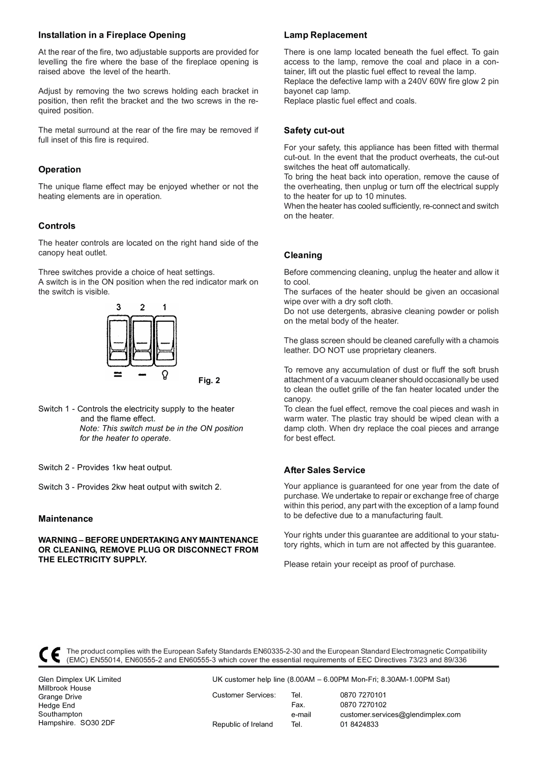 Dimplex ROD20 dimensions Installation in a Fireplace Opening, Operation, Lamp Replacement, Safety cut-out, Controls 