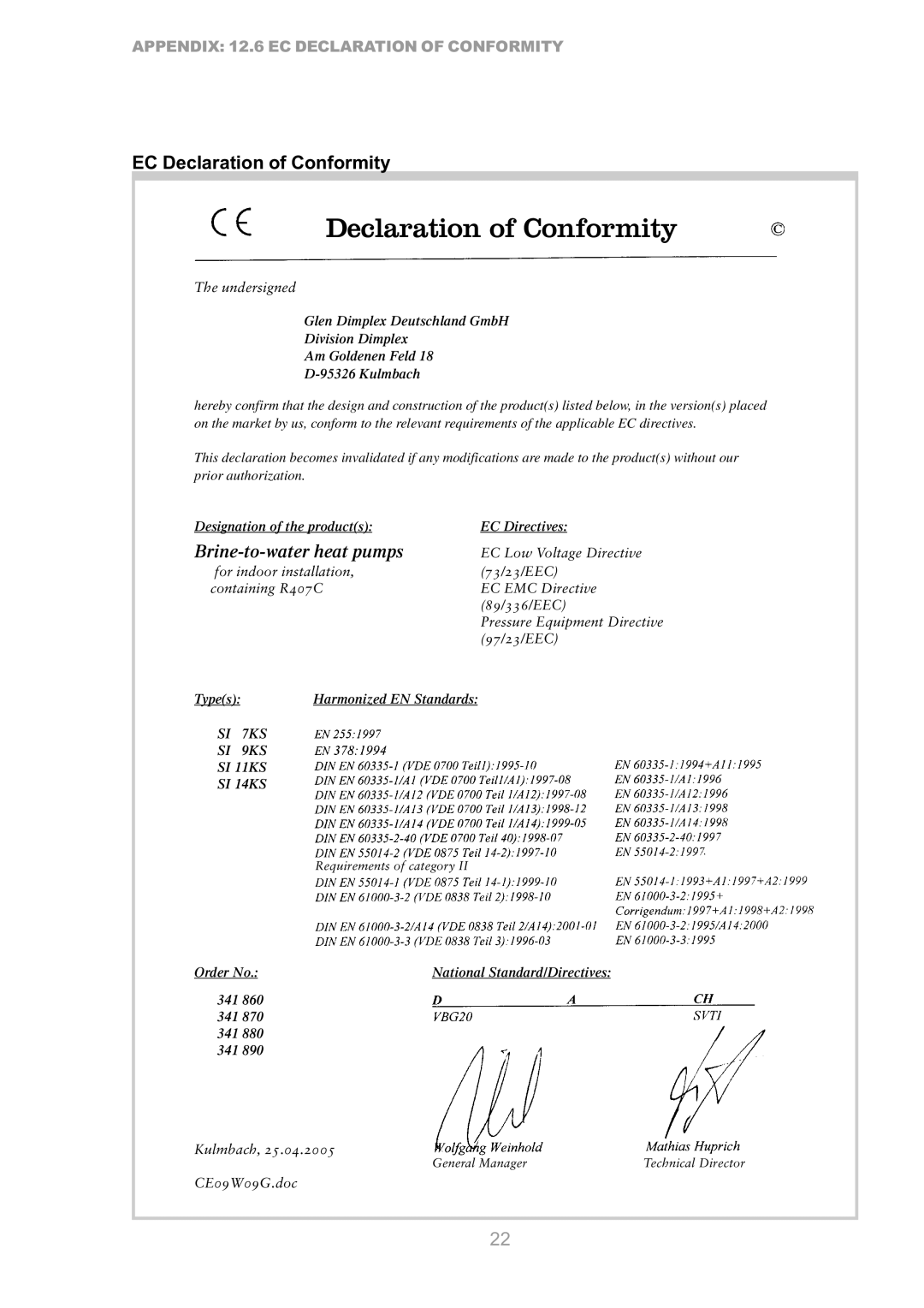 Dimplex S1 7KS operating instructions EC Declaration of Conformity 