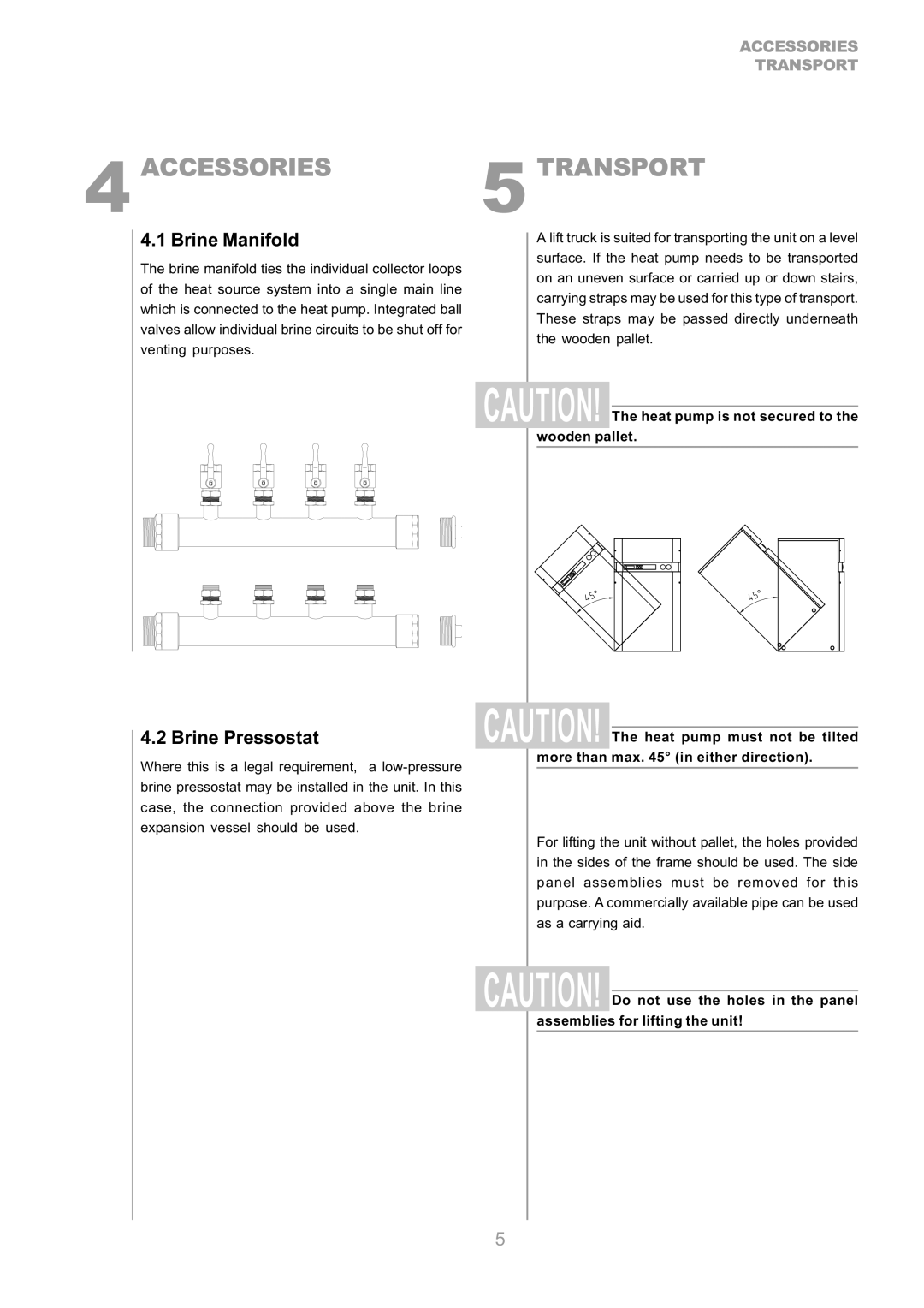 Dimplex S1 7KS operating instructions Accessories, Transport, Brine Manifold, Brine Pressostat 