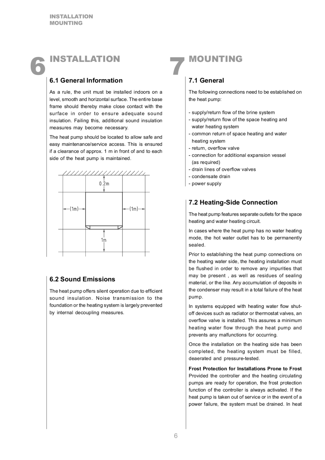 Dimplex S1 7KS operating instructions Installation, Mounting, Sound Emissions, General, Heating-Side Connection 