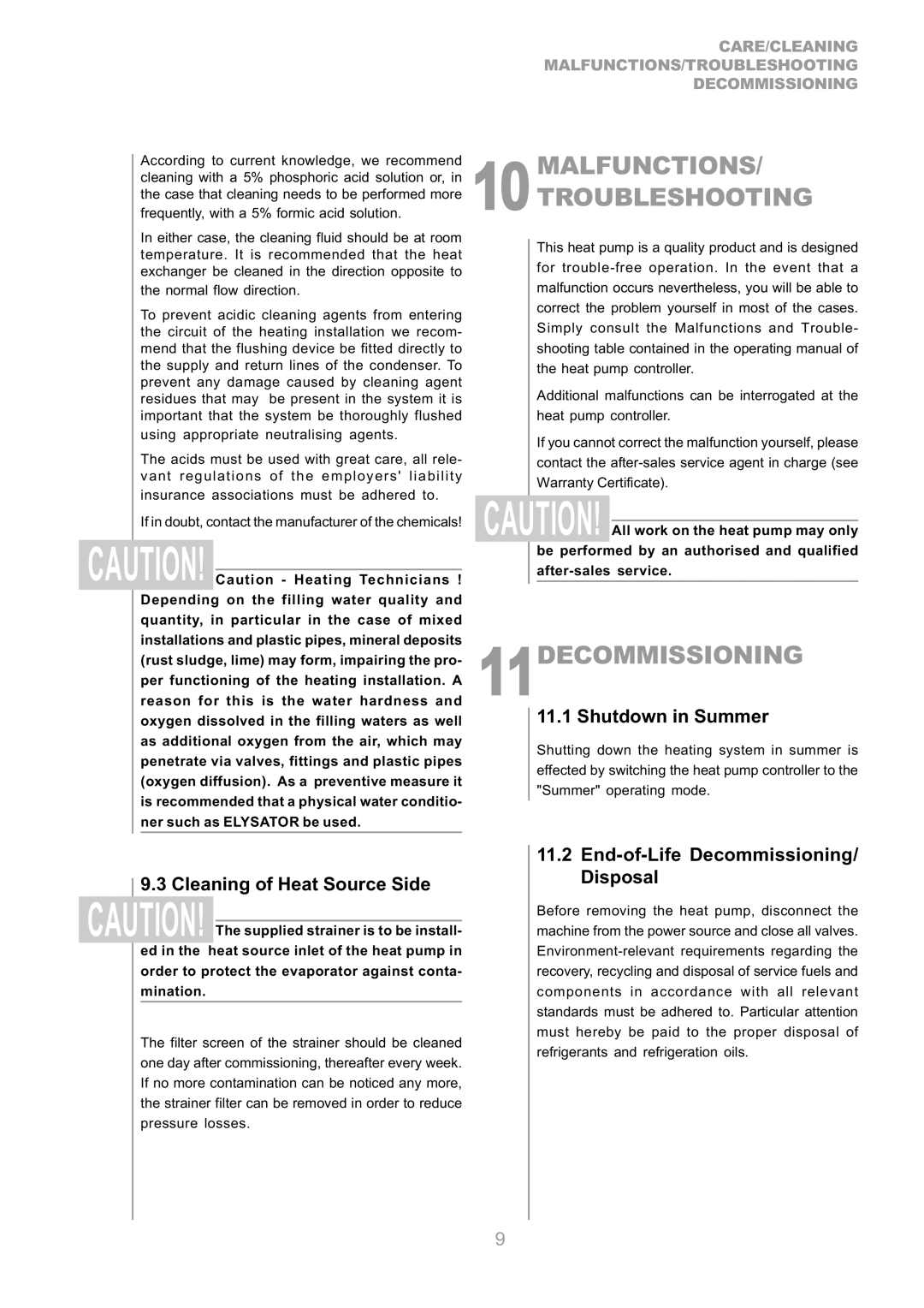 Dimplex S1 7KS Malfunctions Troubleshooting, 11DECOMMISSIONING, Shutdown in Summer, Cleaning of Heat Source Side 