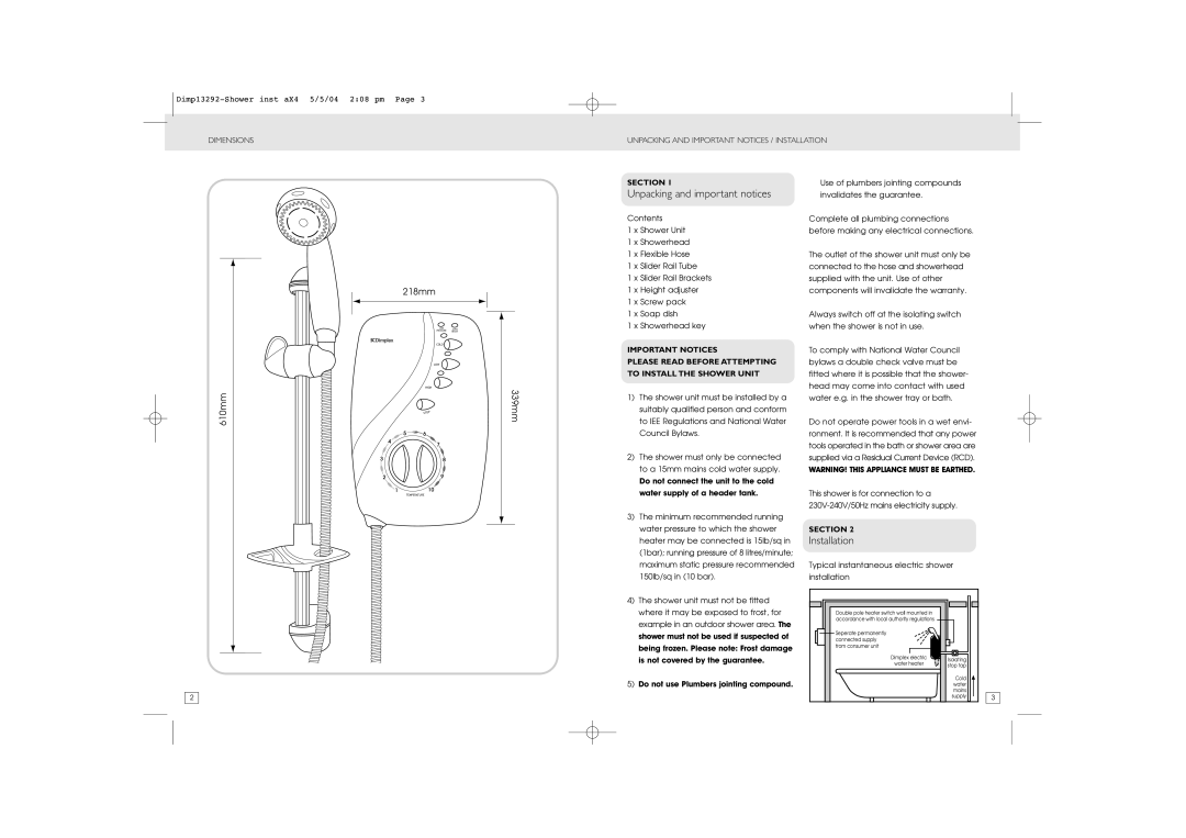 Dimplex Shower Unpacking and important notices, Installation, 610mm 218mm, 339mm, Do not use Plumbers jointing compound 