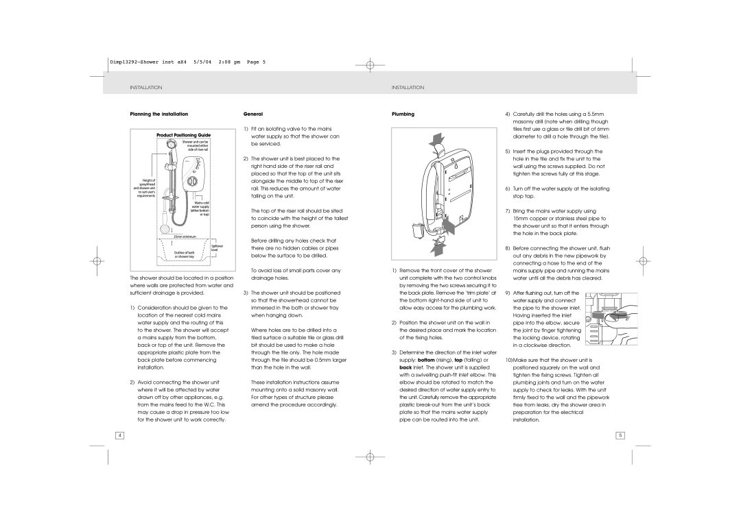 Dimplex Shower manual Planning the installation, General, Plumbing 