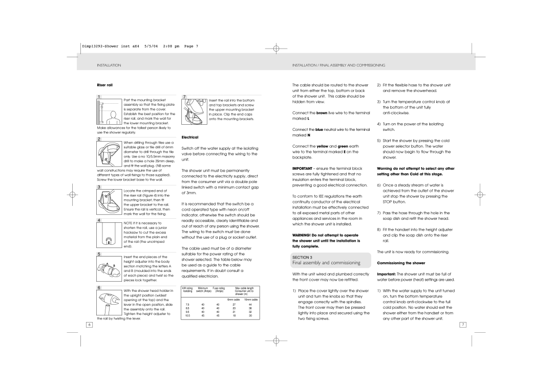 Dimplex Shower manual Final assembly and commissioning, Riser rail, Electrical, Setting other than Cold at this stage 