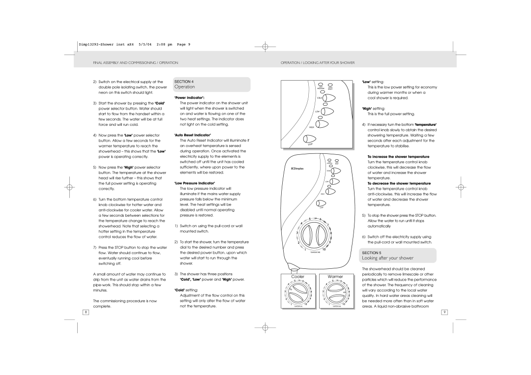 Dimplex Shower manual Operation, Looking after your shower, Cooler Warmer 