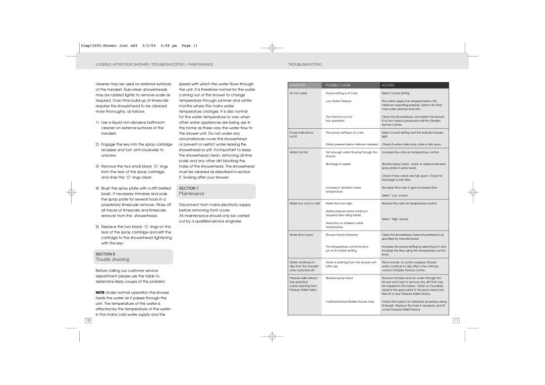 Dimplex Shower manual Trouble shooting, Maintenance 