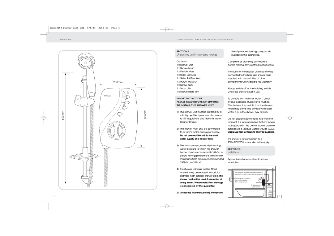 Dimplex manual Unpacking and important notices, Installation, 610mm, 218mm, 339mm, Section, To Install The Shower Unit 