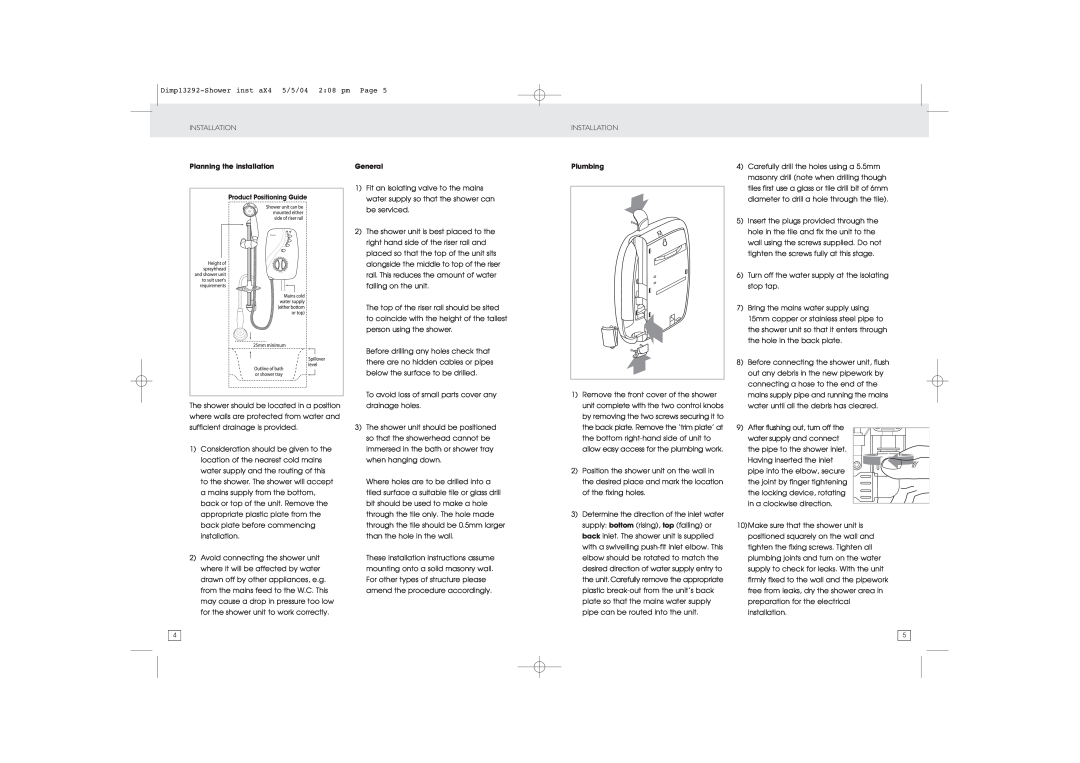 Dimplex Shower manual Planning the installation, General, Plumbing 
