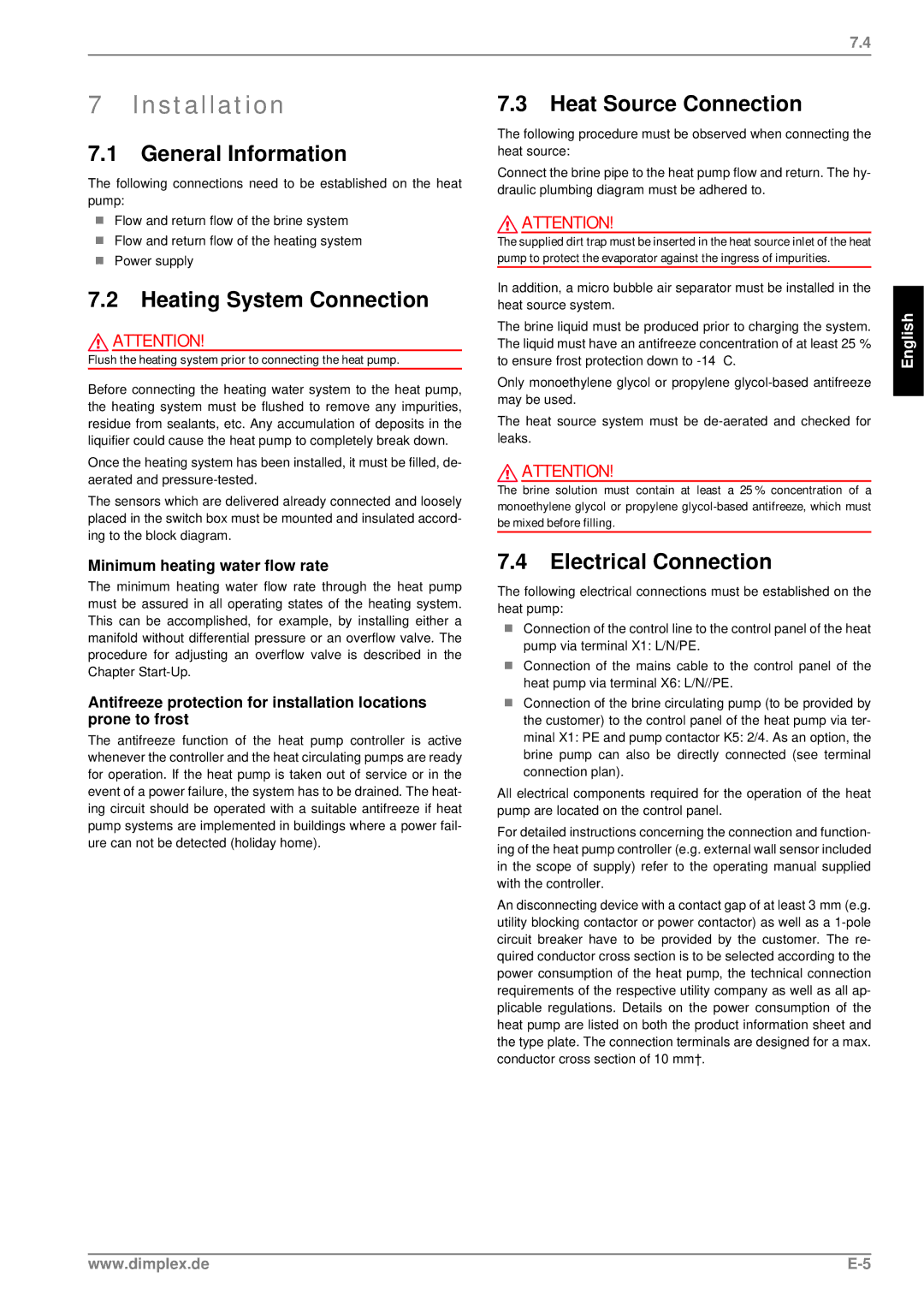 Dimplex SI 9ME, SI 14ME, SI 7ME manual Installation, Heating System Connection, Heat Source Connection, Electrical Connection 