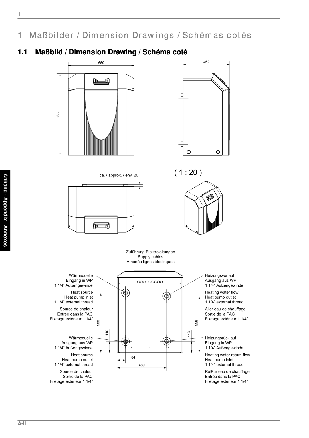 Dimplex SI 9ME manual 1 Maßbilder / Dimension Drawings / Schémas cotés, 1.1Maßbild / Dimension Drawing / Schéma coté, A-Ii 
