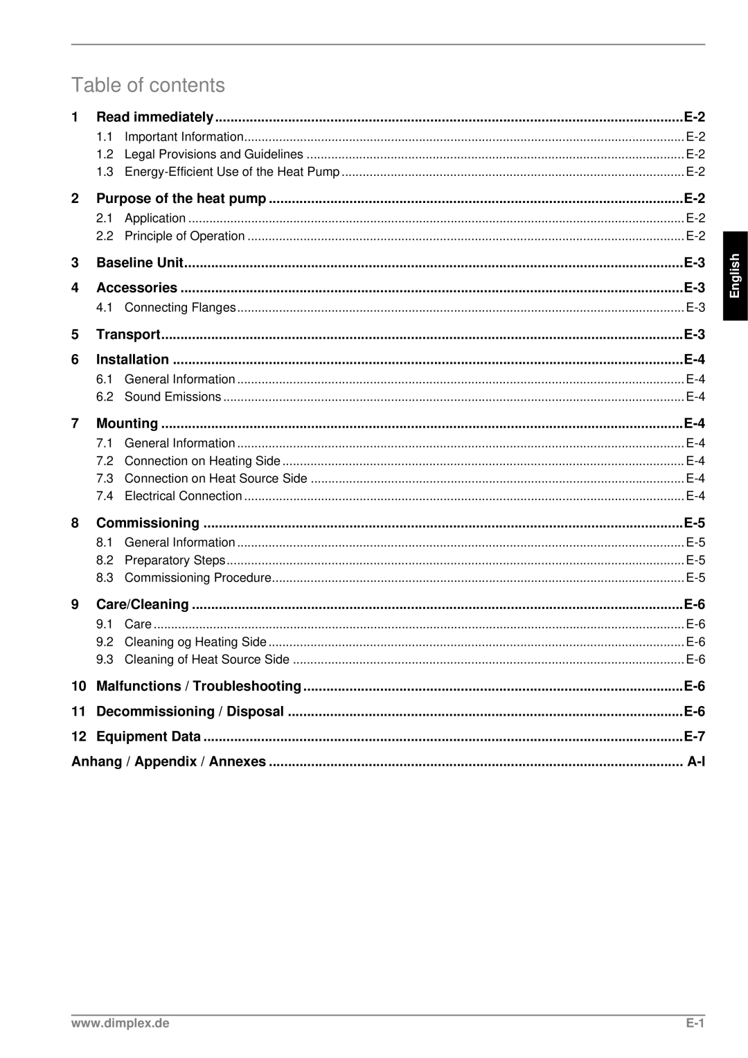 Dimplex SI 24TE SI 37TE manual Table of contents 