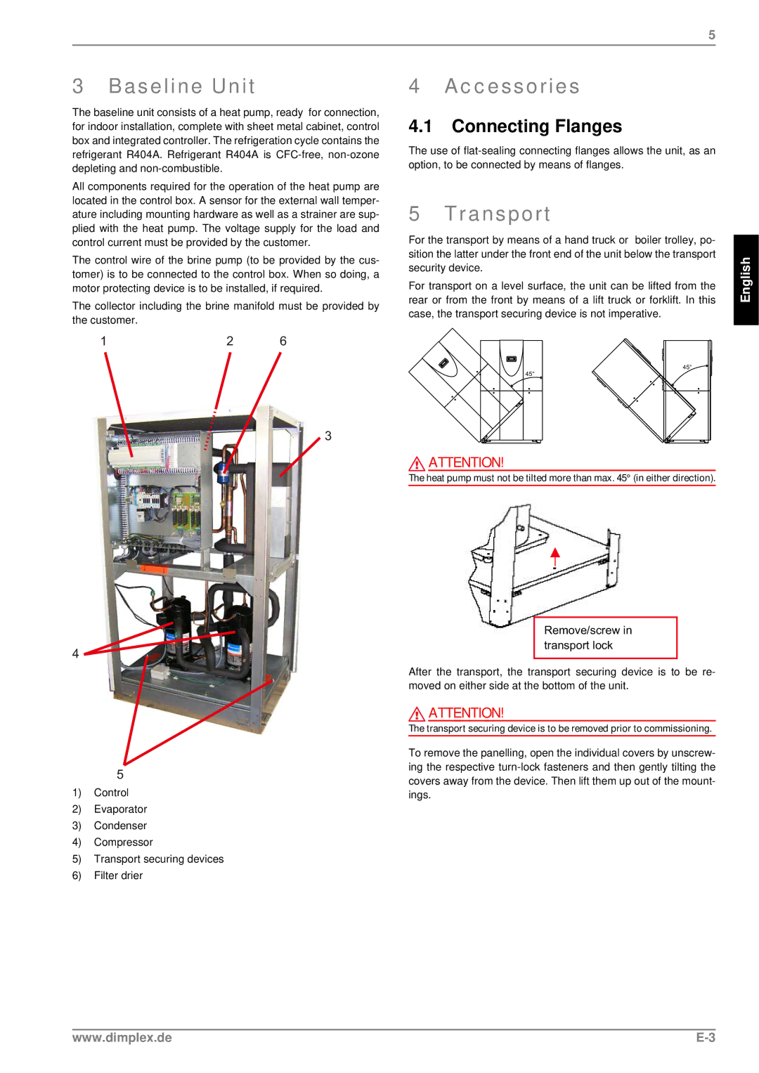 Dimplex SI 24TE SI 37TE manual Baseline Unit, Accessories, Transport, Connecting Flanges 