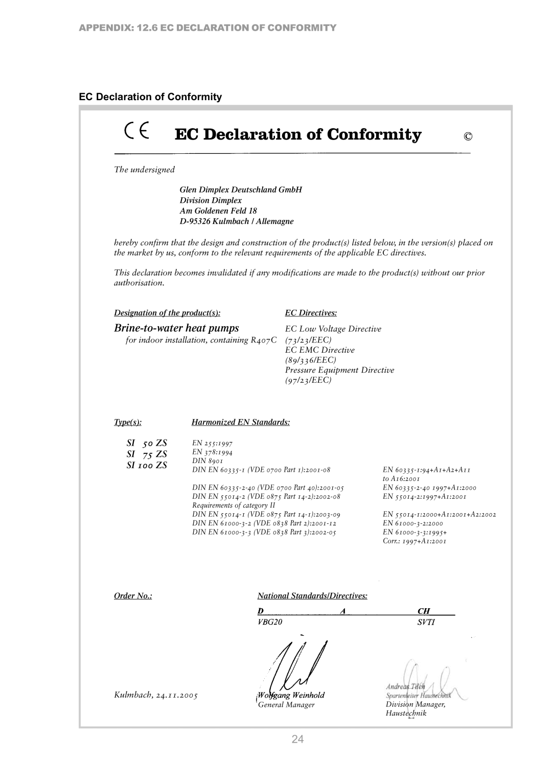 Dimplex SI 75ZS, SI 50ZS, SI 100ZS manual EC Declaration of Conformity 