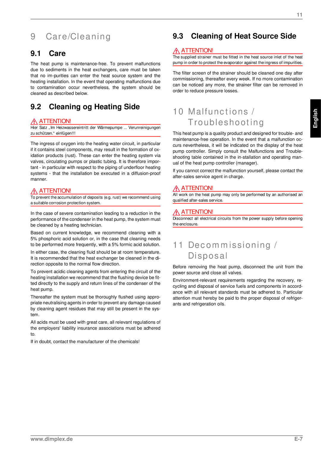 Dimplex SI 75ZSR manual Care/Cleaning, Malfunctions / Troubleshooting, Decommissioning / Disposal 