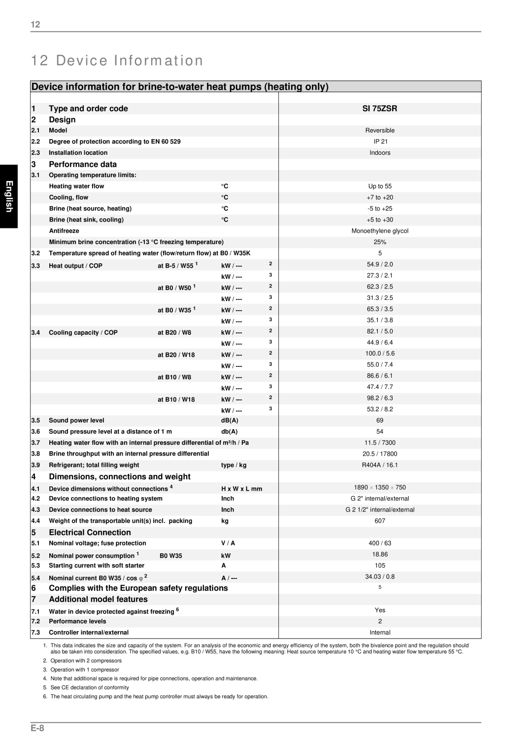 Dimplex SI 75ZSR manual Device Information, Performance data 