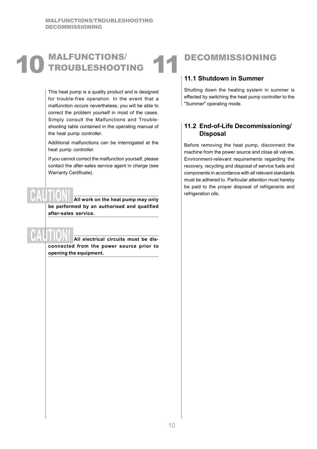 Dimplex SI 14CS, SI 9CS, SI 17CS, SI 7CS, SI 5CS Malfunctions, Shutdown in Summer, End-of-Life Decommissioning/ Disposal 