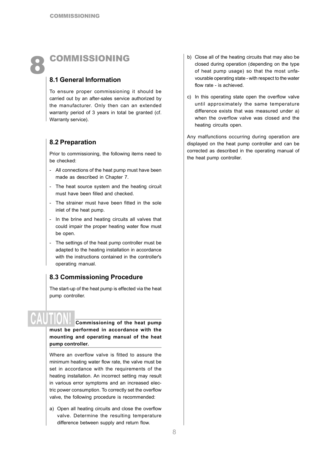 Dimplex SI 17CS, SI 9CS, SI 7CS, SI 14CS, SI 5CS, SI 21CS, SI 11CS manual Preparation, Commissioning Procedure 