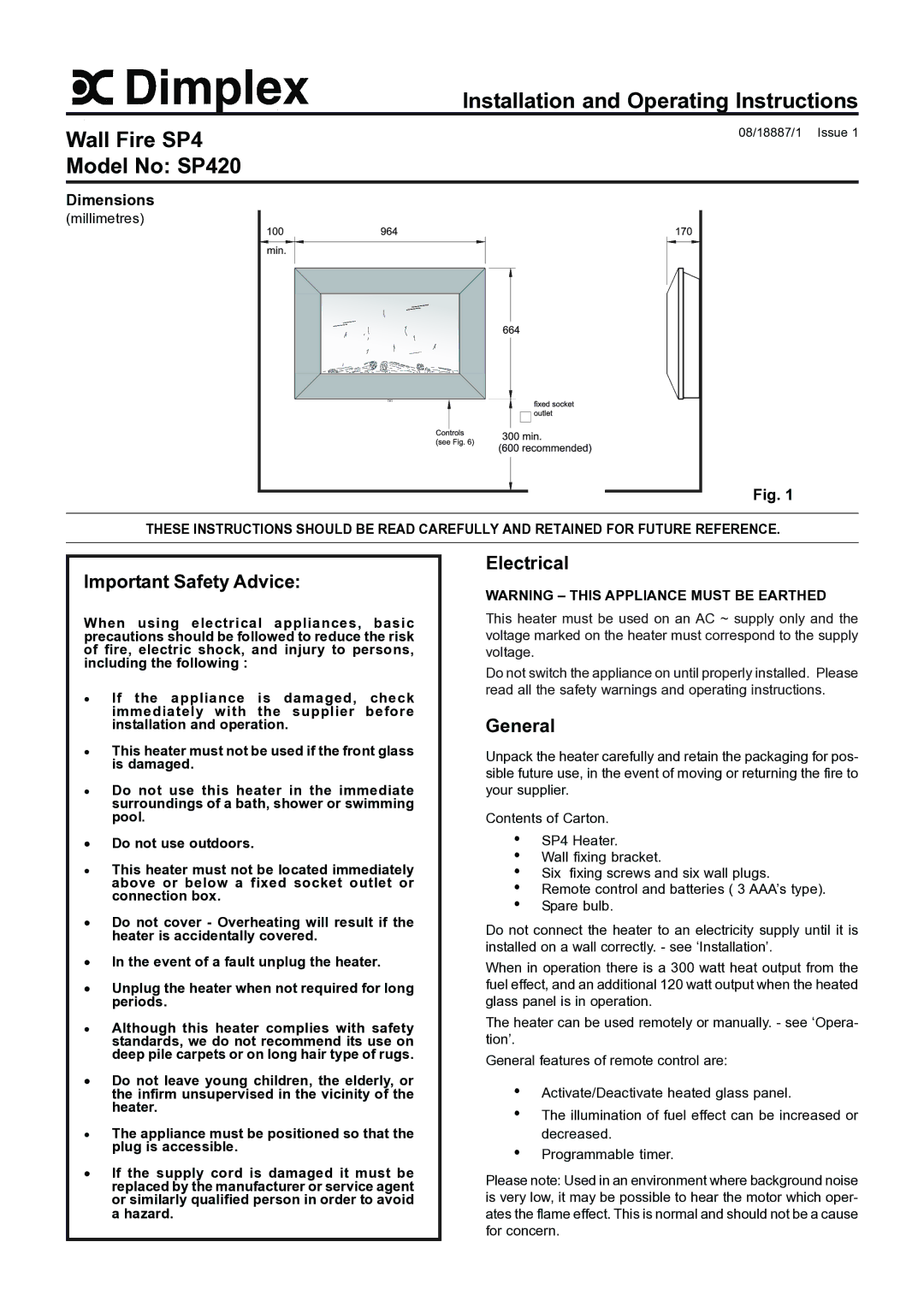 Dimplex SP420 dimensions Important Safety Advice, Electrical, General, Dimensions, Millimetres 