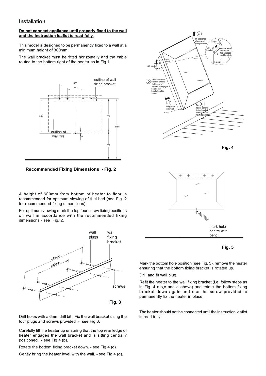 Dimplex SP420 dimensions Installation, Recommended Fixing Dimensions Fig 