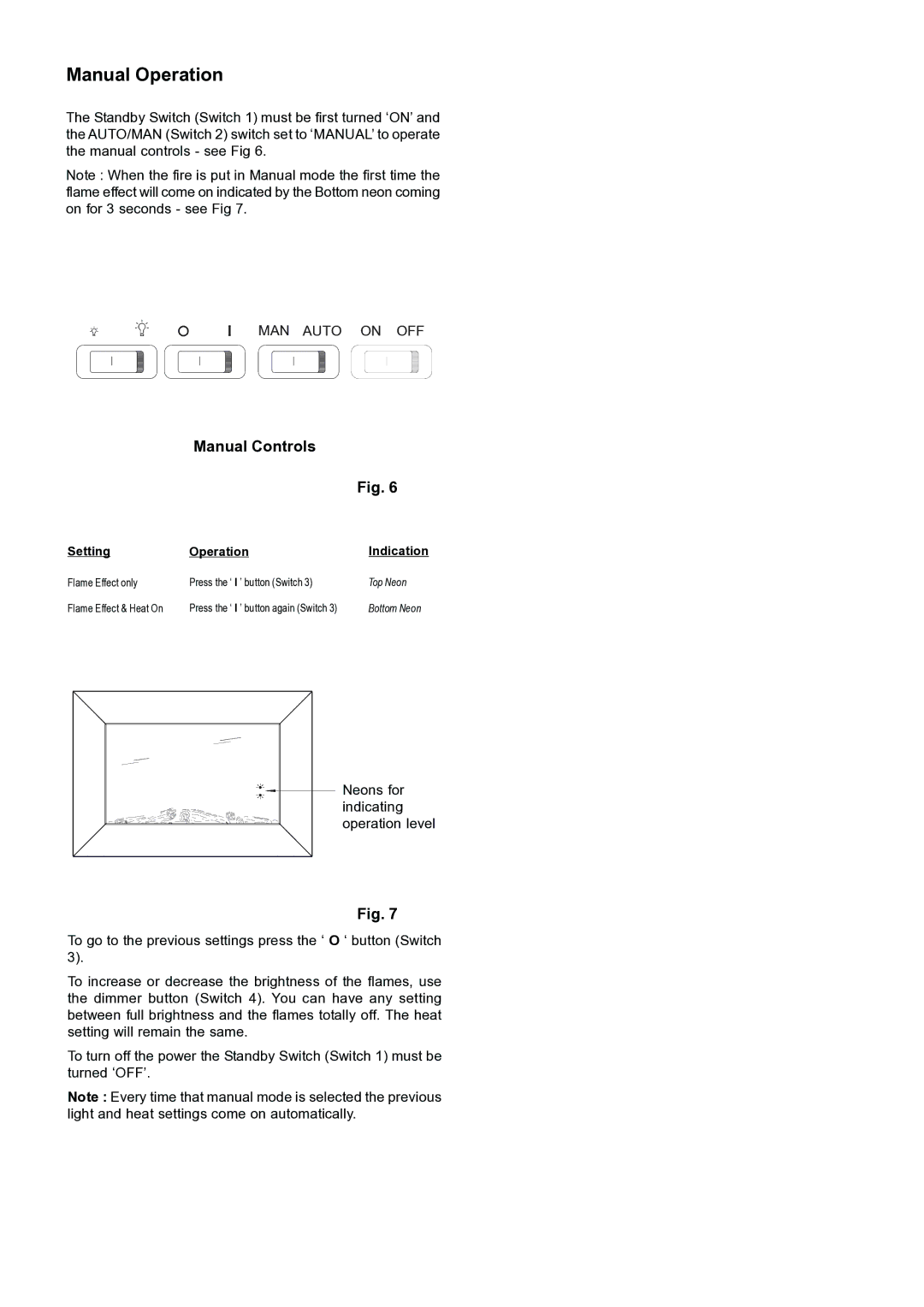 Dimplex SP420 dimensions Manual Operation, Manual Controls, Neons for, Indicating, Operation level 