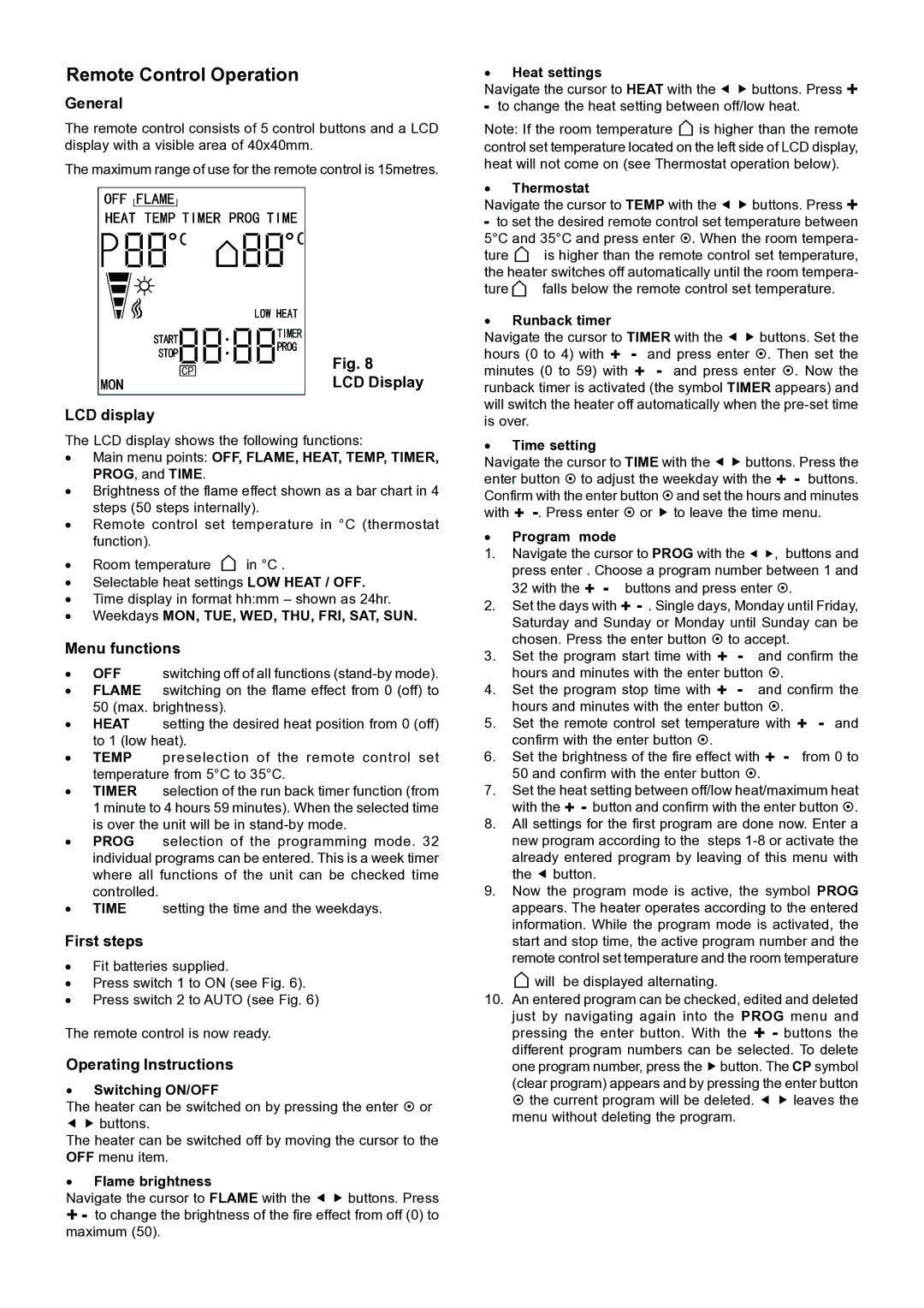 Dimplex SP420 dimensions Remote Control Operation 