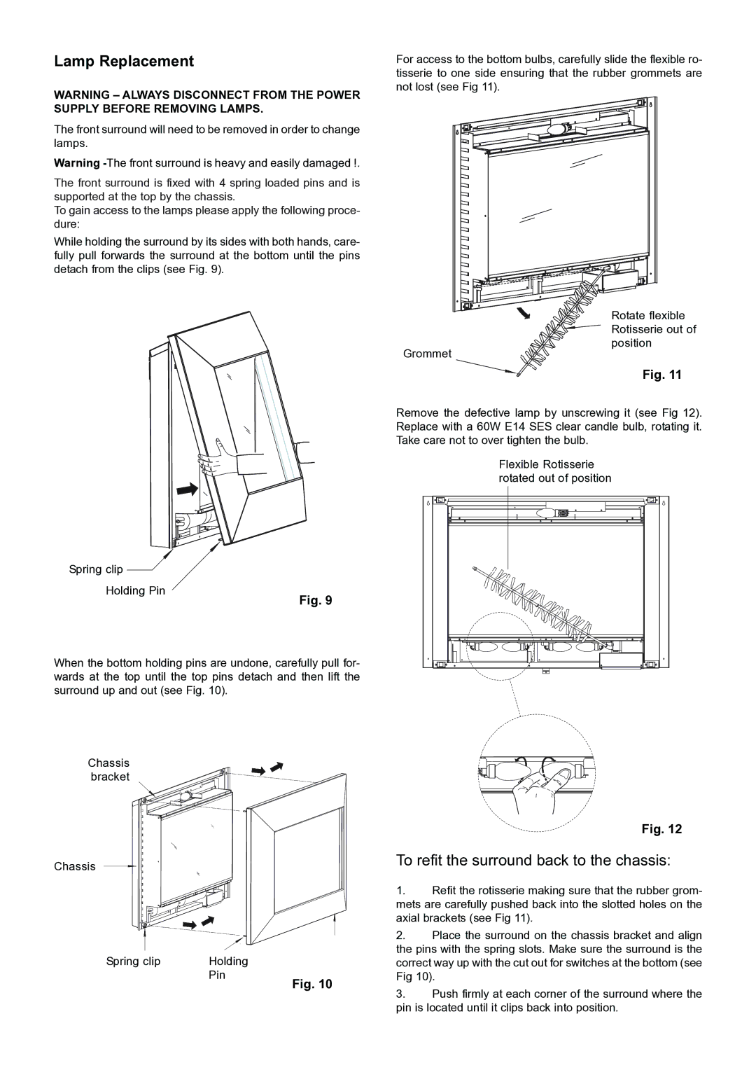 Dimplex SP420 dimensions Lamp Replacement, Axial brackets see Fig, Spring clip Holding, Pin 