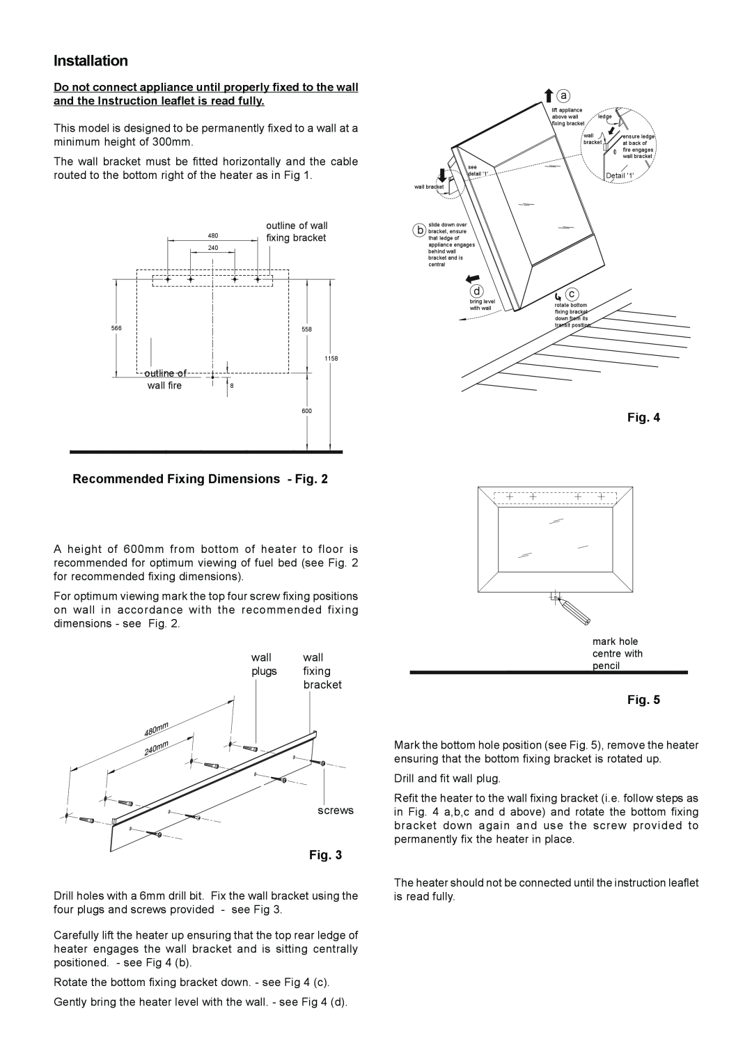 Dimplex SP420 dimensions Installation, Recommended Fixing Dimensions - Fig 