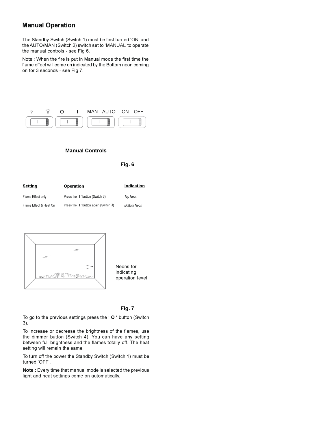 Dimplex SP420 dimensions Manual Operation, Manual Controls 