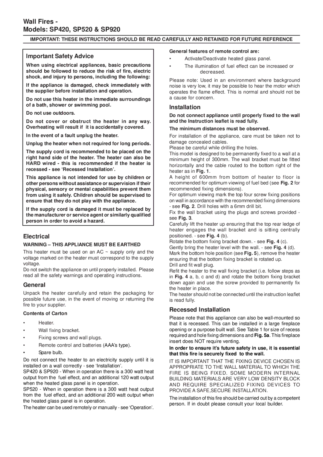 Dimplex (SP4) SP420, (SP9) SP920, (SP5) SP520 manual Important Safety Advice, Electrical, General, Recessed Installation 