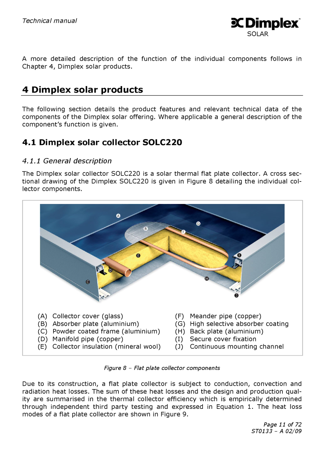 Dimplex ST0133 technical manual Dimplex solar products, Dimplex solar collector SOLC220, General description 