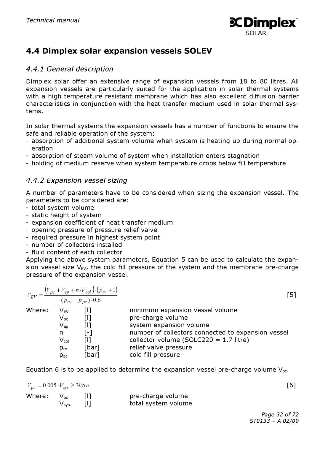 Dimplex ST0133 technical manual Dimplex solar expansion vessels Solev, Expansion vessel sizing 