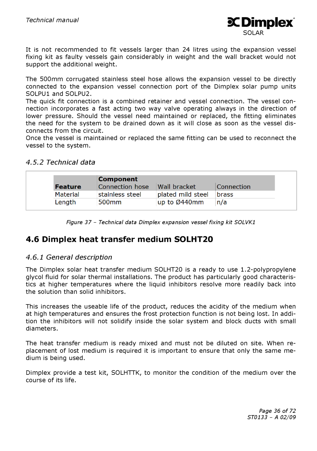 Dimplex ST0133 Dimplex heat transfer medium SOLHT20, Technical data Dimplex expansion vessel fixing kit SOLVK1 