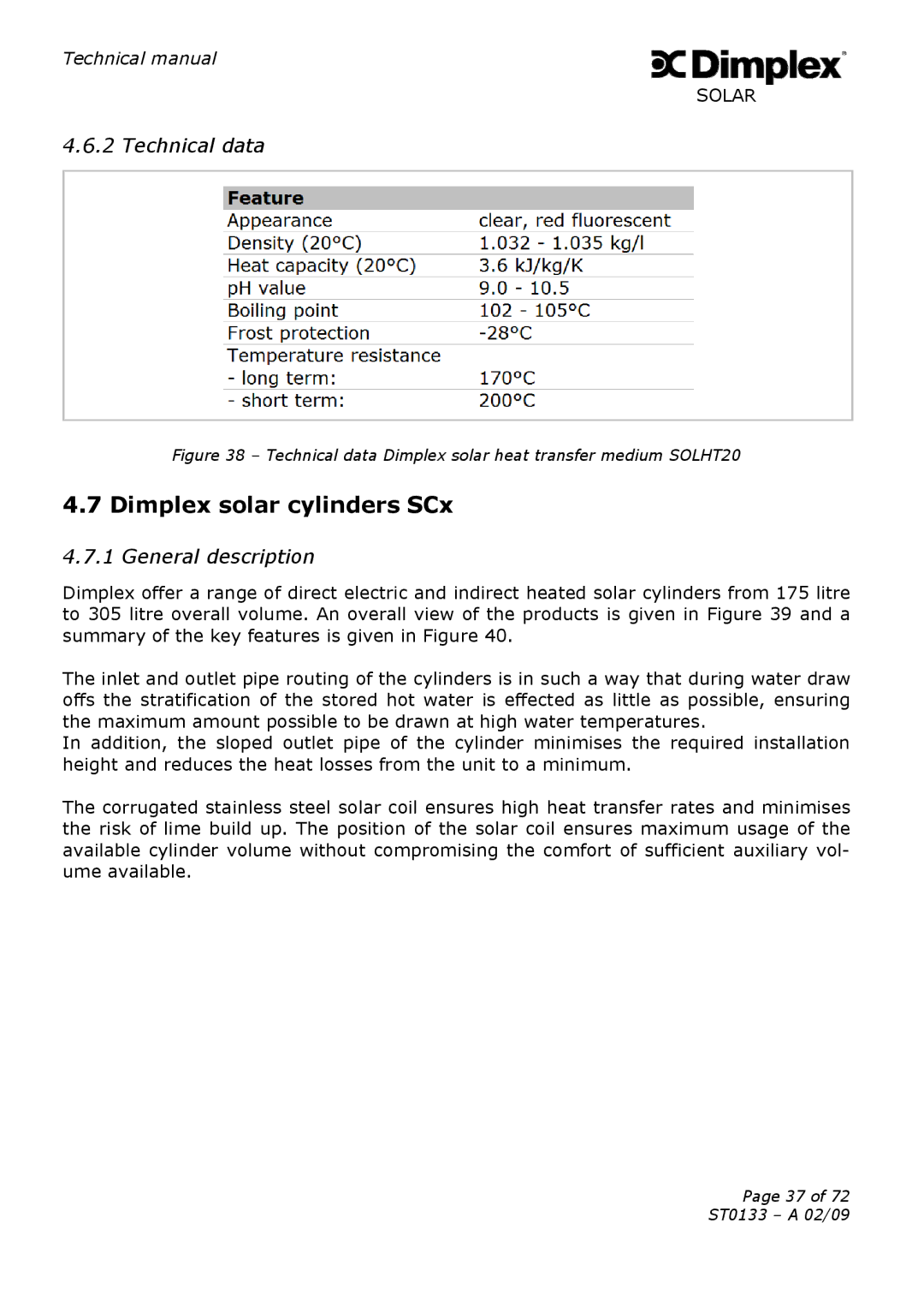 Dimplex ST0133 technical manual Dimplex solar cylinders SCx, Technical data Dimplex solar heat transfer medium SOLHT20 