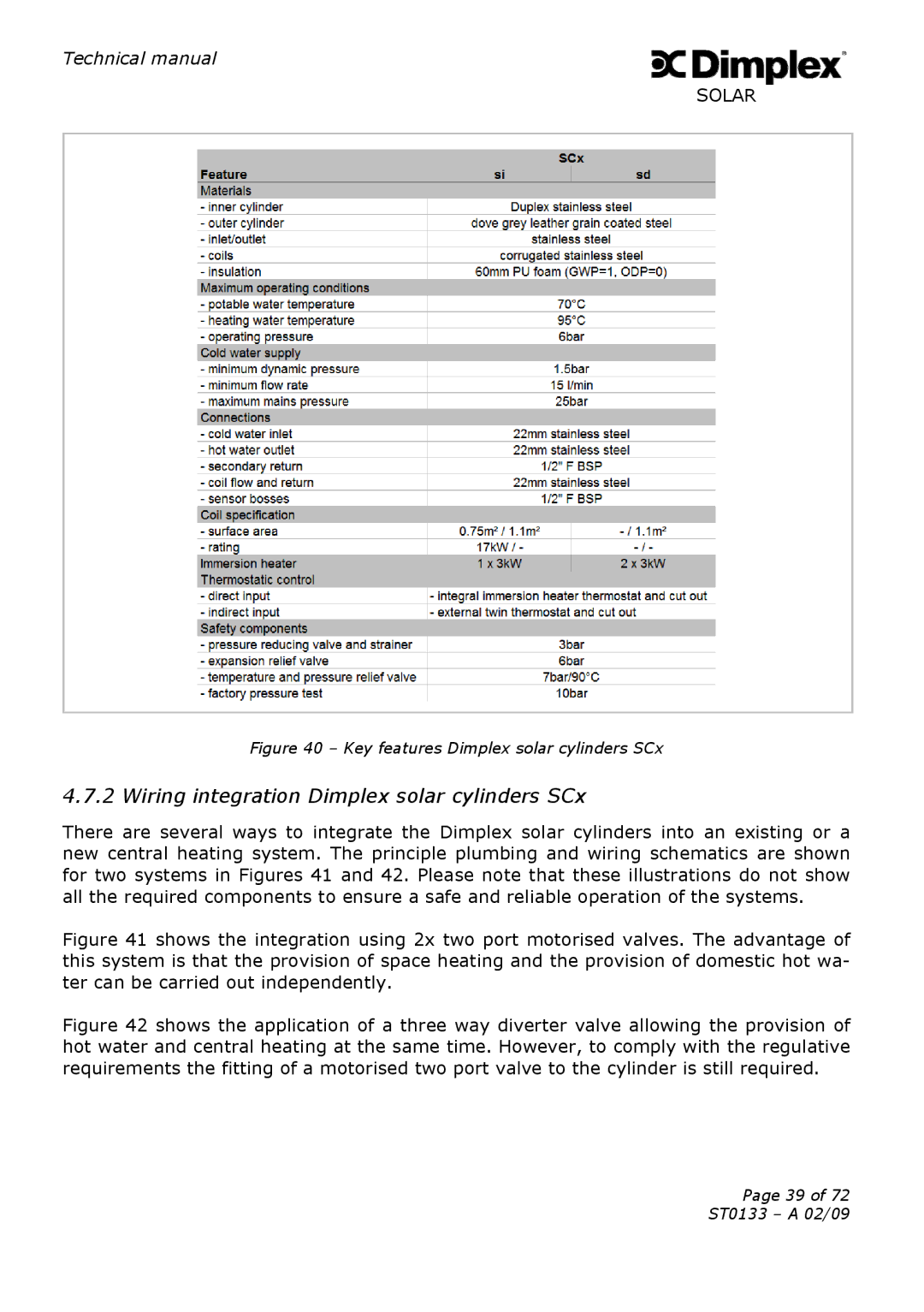 Dimplex ST0133 technical manual Wiring integration Dimplex solar cylinders SCx, Key features Dimplex solar cylinders SCx 