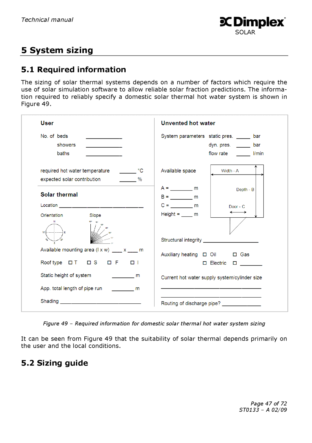 Dimplex ST0133 technical manual System sizing, Required information, Sizing guide 