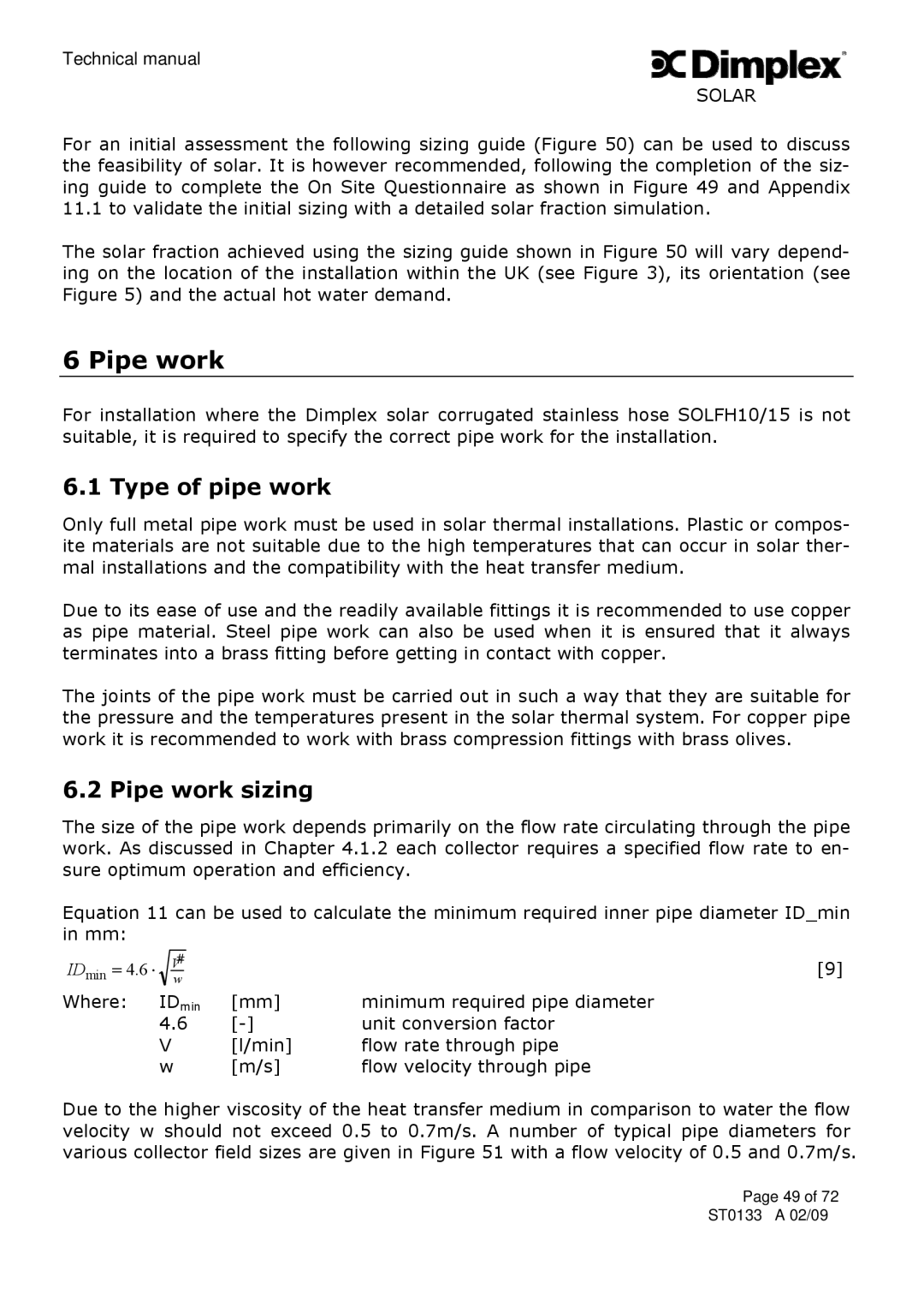 Dimplex ST0133 technical manual Type of pipe work, Pipe work sizing 