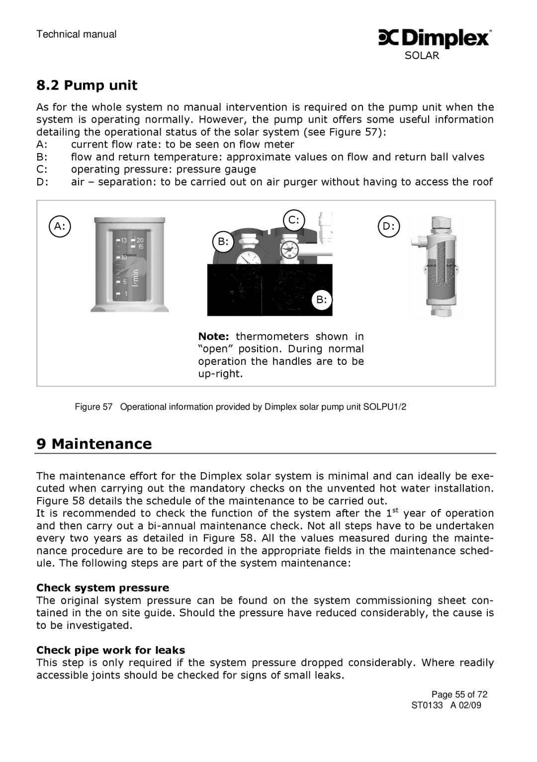 Dimplex ST0133 technical manual Maintenance, Pump unit, Check system pressure, Check pipe work for leaks 