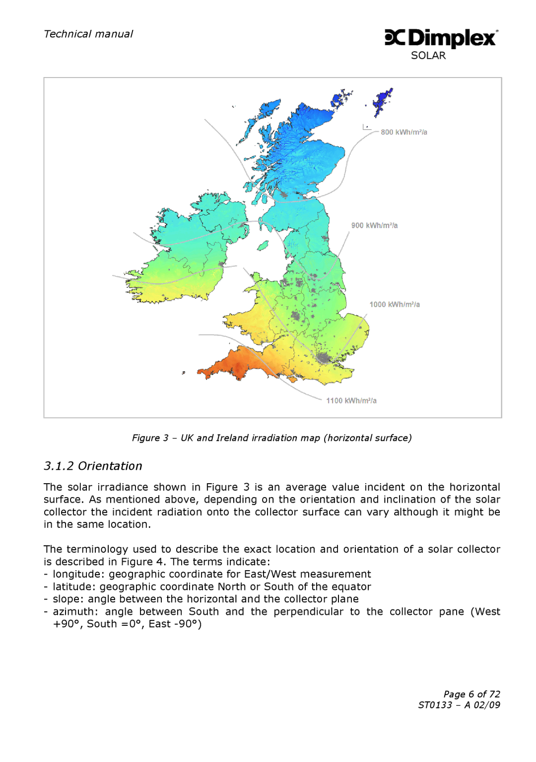 Dimplex ST0133 technical manual Orientation, UK and Ireland irradiation map horizontal surface 