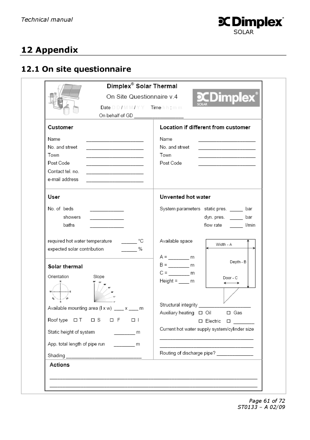 Dimplex ST0133 technical manual Appendix, On site questionnaire 