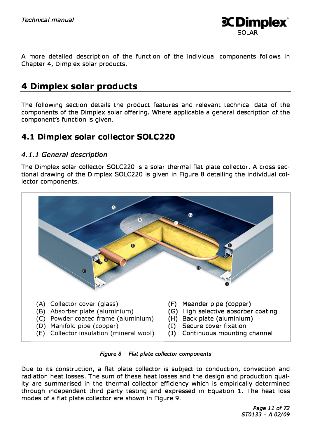 Dimplex ST0133 technical manual Dimplex solar products, Dimplex solar collector SOLC220, General description 