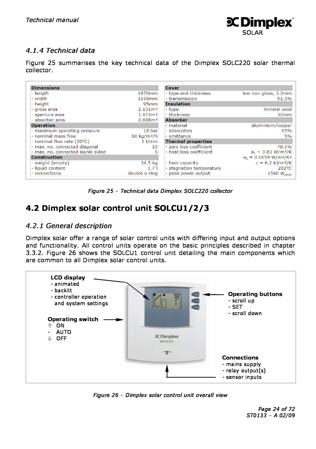 Dimplex ST0133 technical manual Dimplex solar control unit SOLCU1/2/3, Technical data, General description 