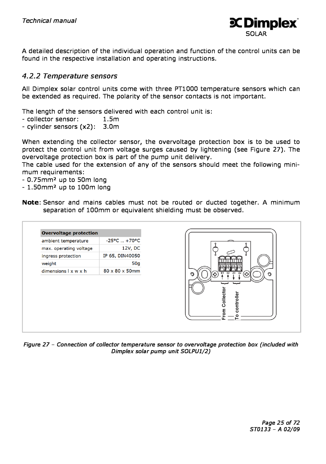 Dimplex technical manual Temperature sensors, Dimplex solar pump unit SOLPU1/2 Page 25 of ST0133 - A 02/09 