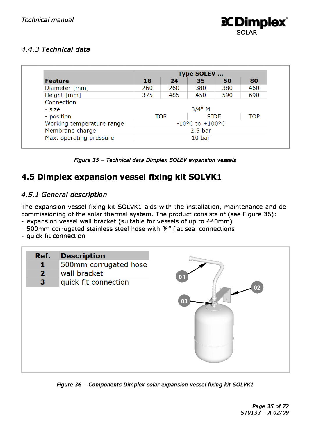 Dimplex ST0133 technical manual Dimplex expansion vessel fixing kit SOLVK1, Technical data, General description 