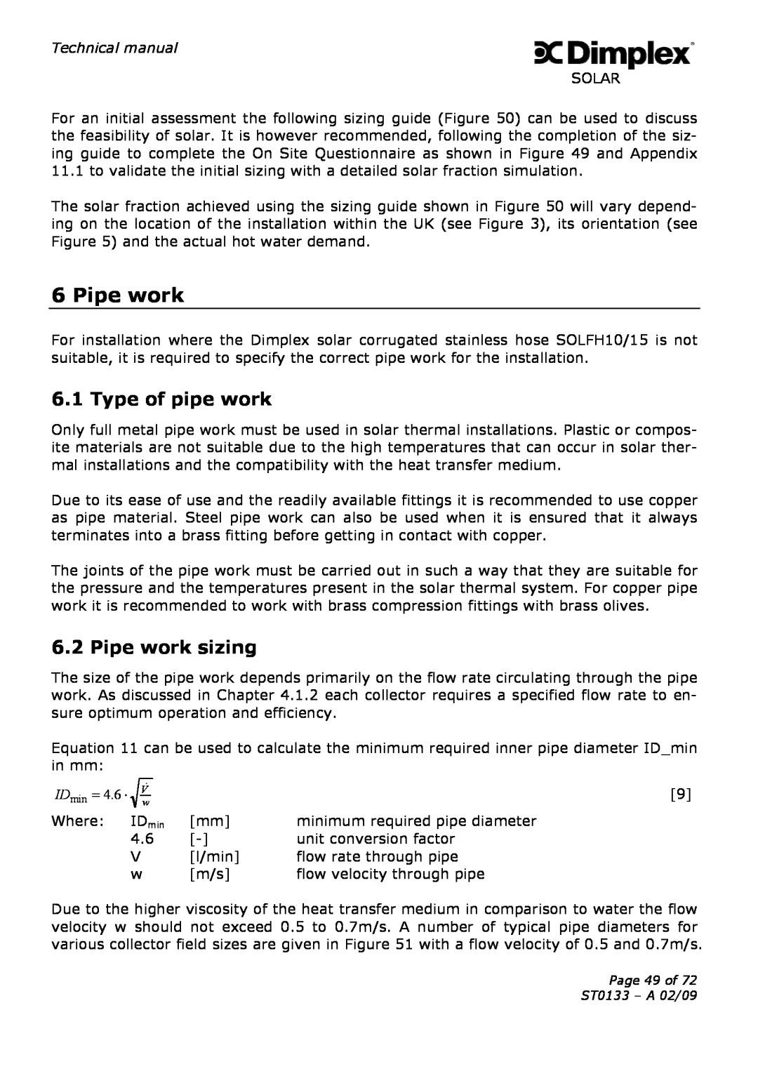 Dimplex ST0133 technical manual Type of pipe work, Pipe work sizing 