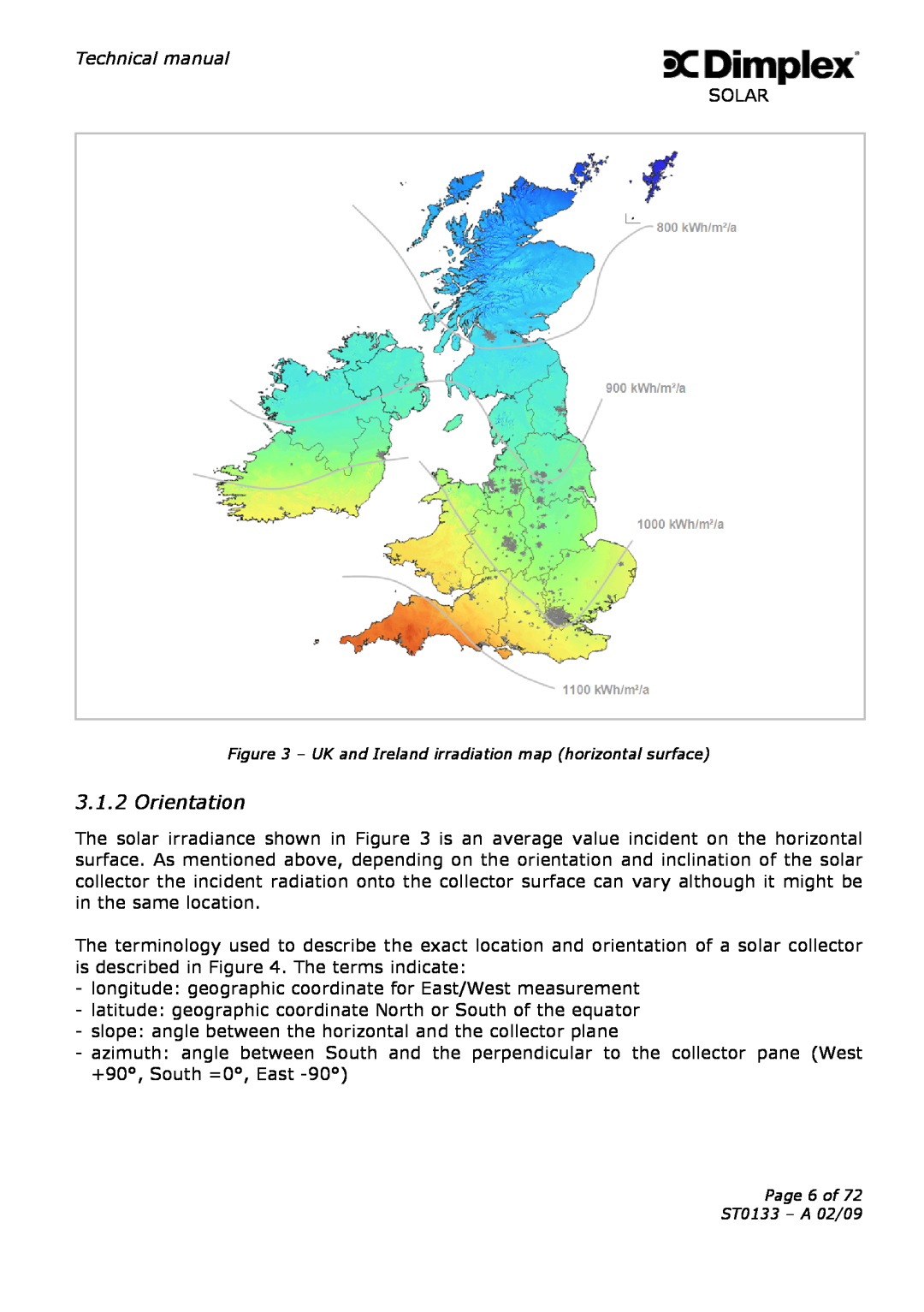 Dimplex technical manual Orientation, UK and Ireland irradiation map horizontal surface, Page 6 of ST0133 - A 02/09 