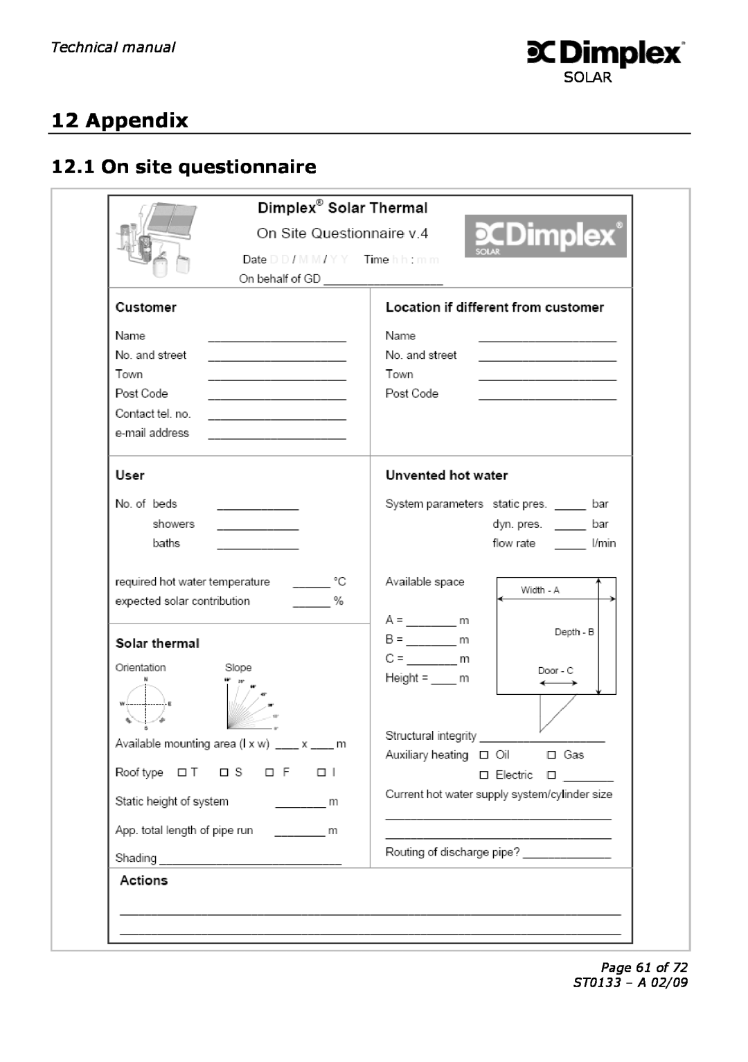 Dimplex technical manual Appendix, On site questionnaire, Page 61 of ST0133 - A 02/09 