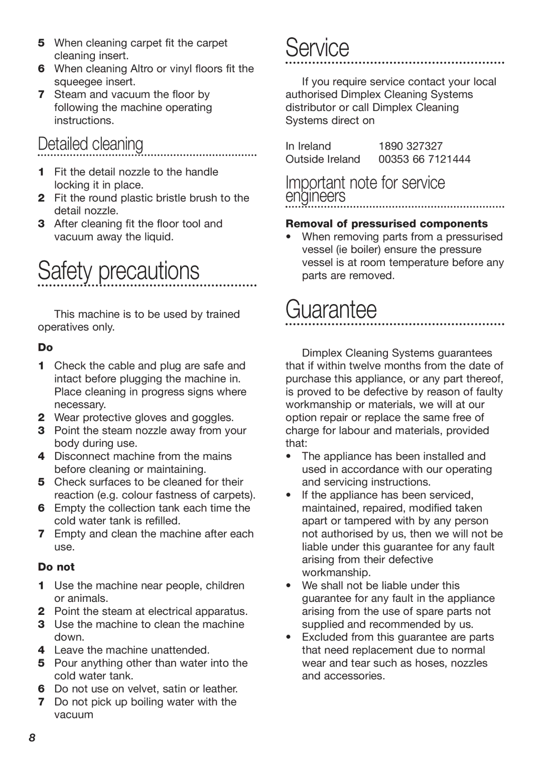 Dimplex SV8000 manual Safety precautions, Service, Guarantee, Detailed cleaning, Important note for service engineers 