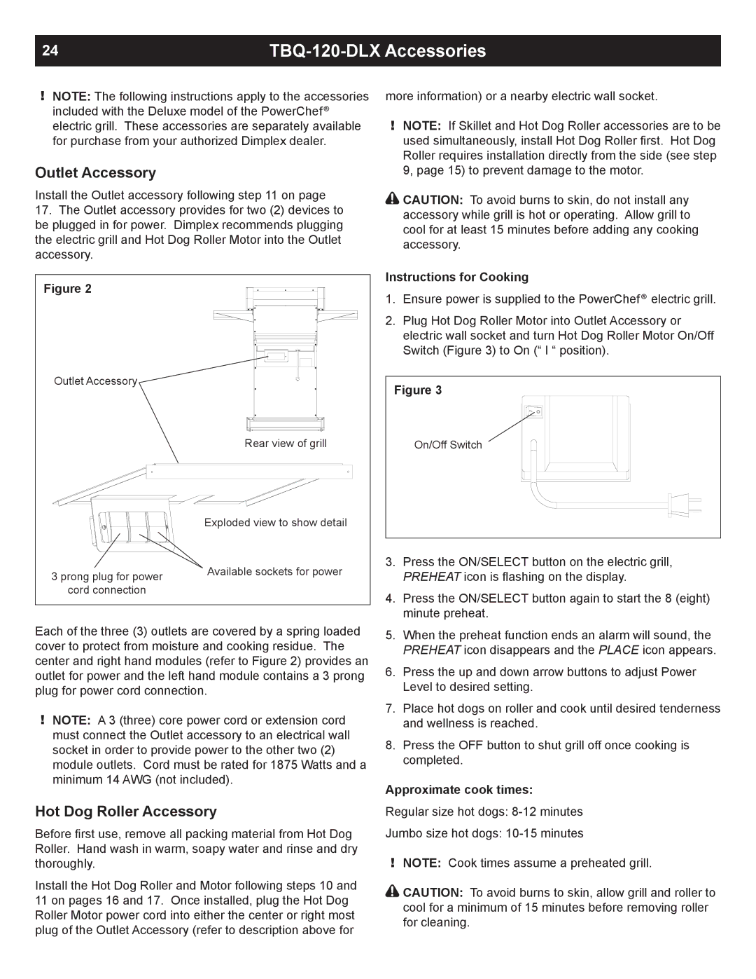 Dimplex TBQ-120-REG owner manual TBQ-120-DLX Accessories, Instructions for Cooking, Approximate cook times 