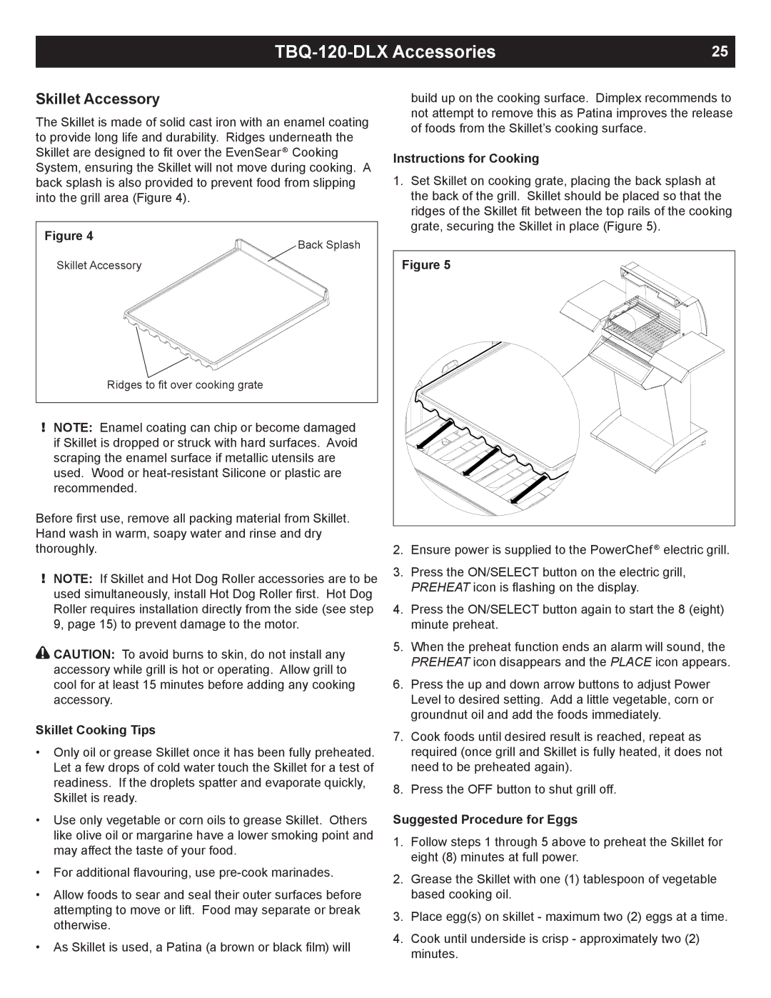 Dimplex TBQ-120-REG, TBQ-120-DLX owner manual Skillet Cooking Tips, Suggested Procedure for Eggs 