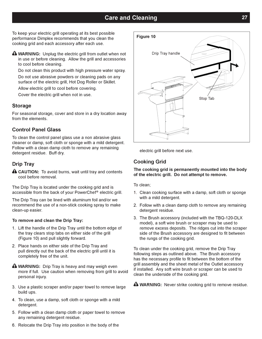 Dimplex TBQ-120-REG, TBQ-120-DLX owner manual Care and Cleaning, Storage, Control Panel Glass, Drip Tray, Cooking Grid 
